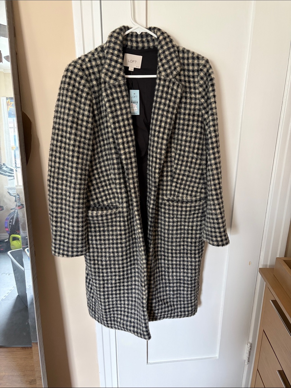 LOFT Black and Cream Houndstooth Open-Front Trench Coat